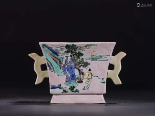 A Famille Rose Figural Square Cup with Handles