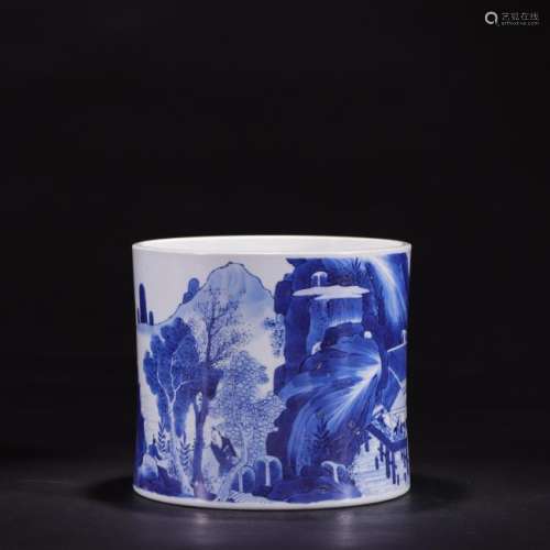 A Blue and White Figural Brush Pot
