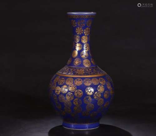 A Blue-Ground Gilt-Decorated Bottle Vase Qing Guangxu