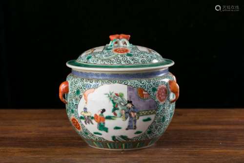 A Green Ground Famille Rose Congee Jar Qing Dynasty
