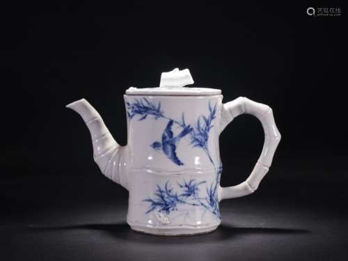 A Blue and White Bird Bamboo Teapot Wangbu Style