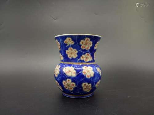 A Blue Ground Famille Rose Plum Flowers Bucket Vase