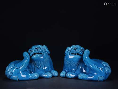 A Pair of Blue Glazed Lion Figures Qianlong Mark