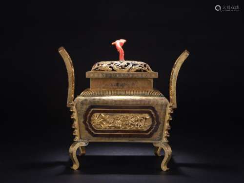 A Gilt Bronze Birds Floral Censer with Coral Cover