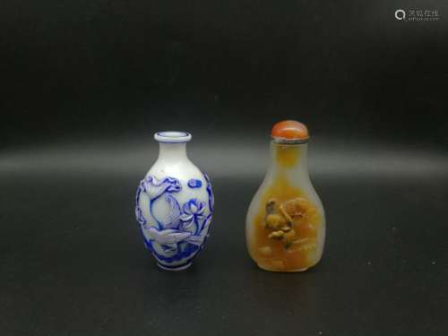 A Group of Two Snuffle Bottles Peking Glass Jade