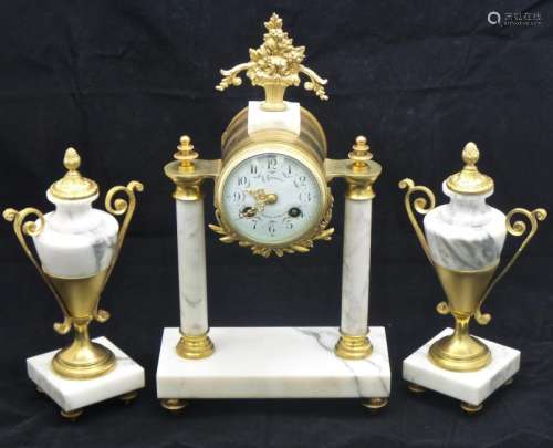An 1890 Marble Gilt Brass French Clock with Garnitures