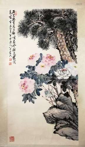 A Color of Flowers and Pine on Paper By Chen Banding