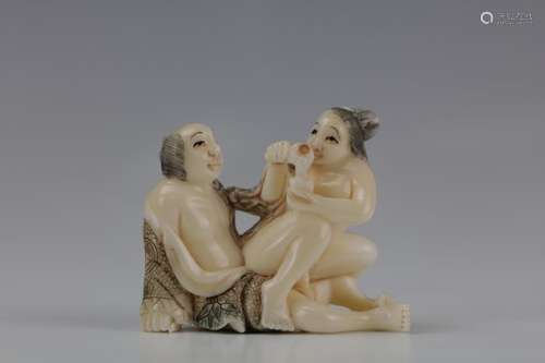 Carved Cattle Bone of Erotic Netsuke Couple Intercourse