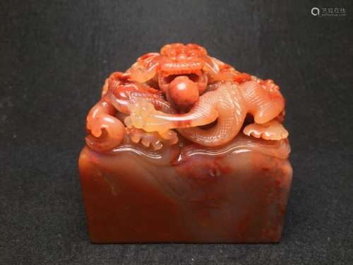 A Carved Dragon Balin Red Agalmatolite Stone Seal