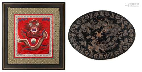 A Chinese embroidered silk panel depicting a facing dragon on a red ground, 15.75 by 14.35ins. (40