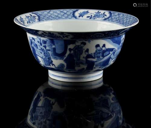 Property of a deceased estate - a Chinese blue & white klapmuts bowl, brightly painted with