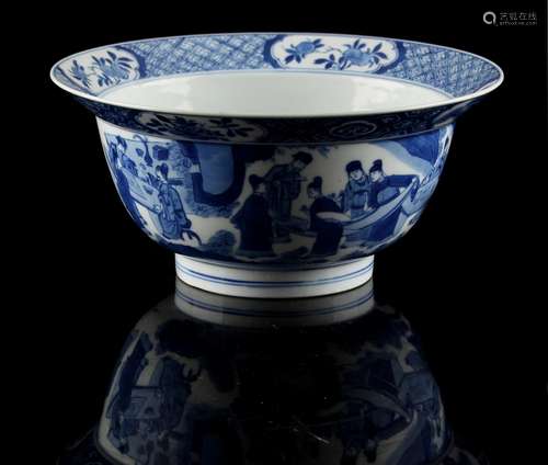 Property of a deceased estate - a Chinese blue & white klapmuts bowl, brightly painted with