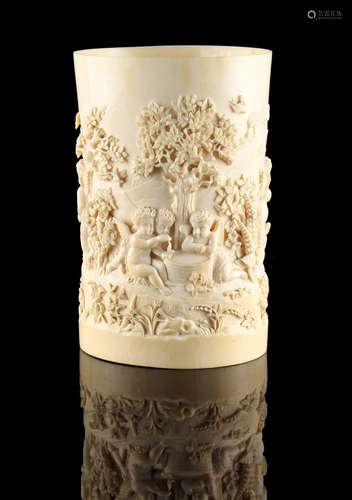 A good late 19th century carved ivory tusk section, probably Dieppe, carved in high relief with nine