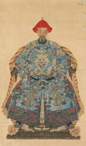 A 19th century Chinese scroll painting on paper depicting a seated male dignitary, the painting 55
