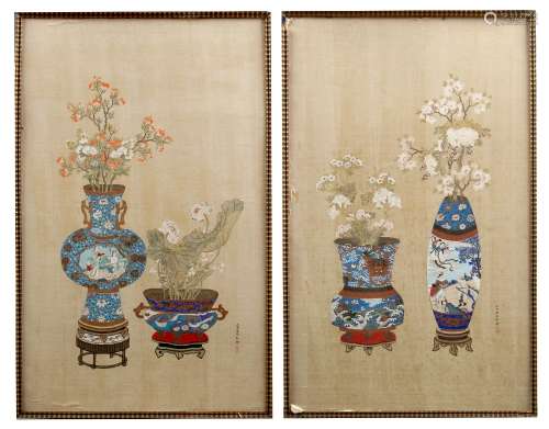 A pair of early 20th century Chinese Republic period paintings on silk depicting flowers in