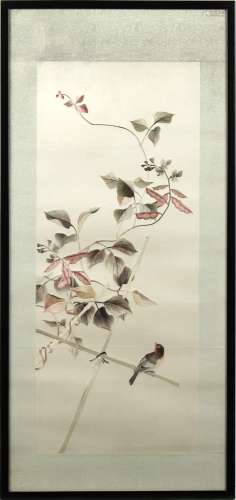 An early 20th century Chinese embroidered silk panel depicting a bird on flowering branch, in glazed