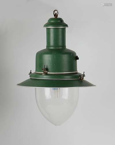 Property of a gentleman - a green painted metal ceiling light or lantern, with glass shade,