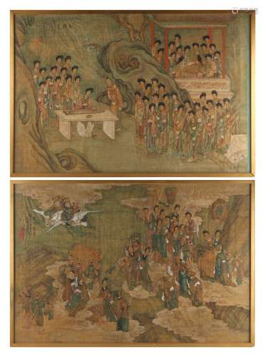 A pair of 19th century Chinese paintings on silk, one depicting Immortals & attendants in landscape,