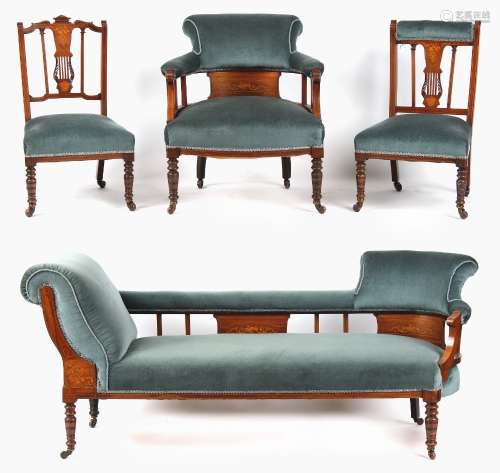 Property of a lady - an Edwardian rosewood & marquetry inlaid blue upholstered salon suite (4) (