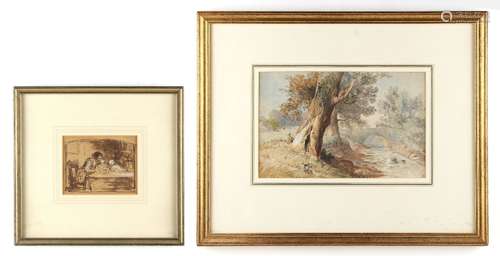 Property of a lady - English school, 19th century - LANDSCAPE WITH FIGURE ON A BRIDGE AND CATTLE