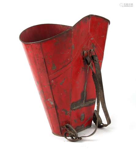 A late 19th / early 20th century French red painted metal grape pickers hod, with leather shoulder