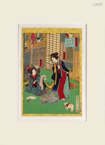 Utagawa Kunisada III (1848-1920) - Geisha preparing for a party - woodblock print, oban, circa 1869,
