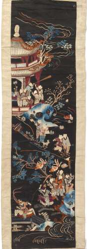 An early 20th century Chinese embroidered silk hanging scroll panel depicting various figures on