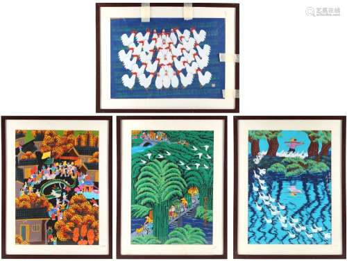 A set of four Chinese Cultural Revolution period gouache paintings on paper, two with calligraphy,