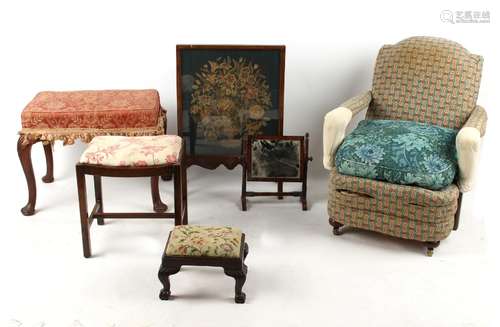 Property of a lady - a Victorian Jas. Shoolbred upholstered armchair (F/R); together with three