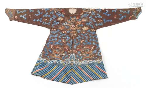 A late 19th century Chinese embroidered chestnut brown silk robe with eight dragons above a lishui
