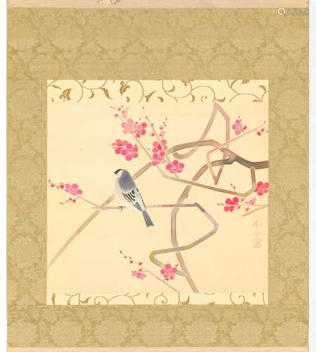 Property of a lady - a Japanese scroll painting on silk depicting a bullfinch in a cherry tree, 20th