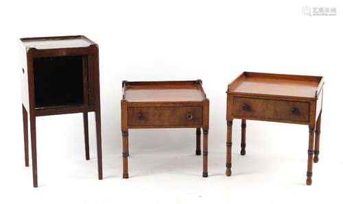 Property of a lady - two mahogany single drawer lamp tables, adapted from a 19th century whatnot;