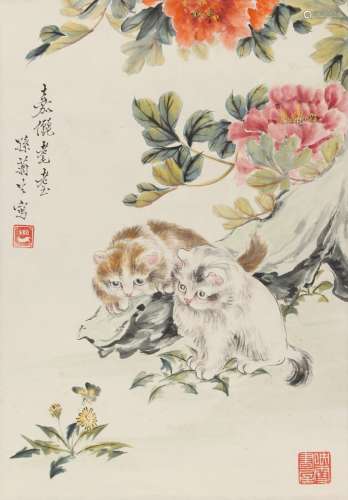 An early / mid 20th century Chinese scroll painting on paper depicting two cats among flowers,