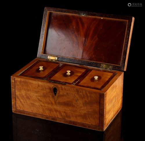 Property of a deceased estate - a George III satinwood, kingwood & amboyna tea caddy, with three