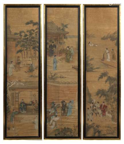 A set of three 19th century Chinese paintings on paper depicting dignitaries & attendants on