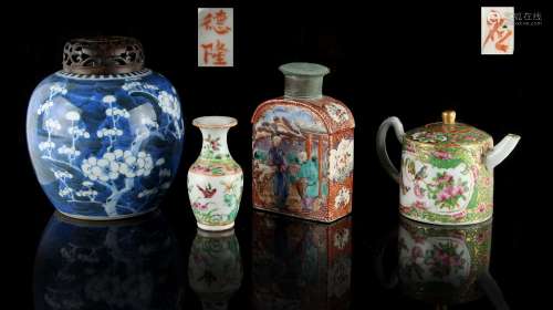 A group of four Chinese ceramics, 18th & 19th century, comprising a mandarin pattern tea caddy, a