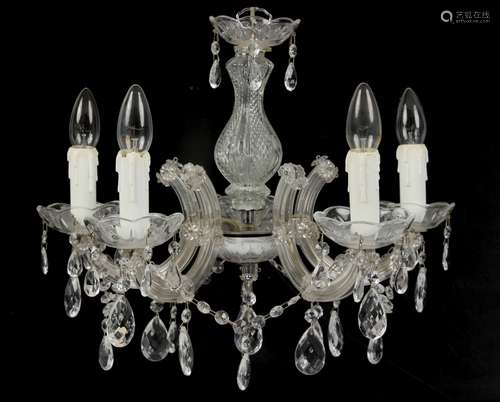 Property of a lady - a clear glass five light chandelier or electrolier, 14ins. (35.5cms.) high (