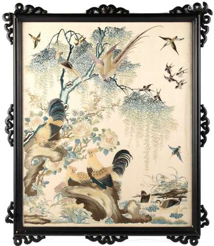 A 19th century Chinese embroidered silk 'Hundred Birds' panel, the silk 17.7 by 14.75ins. (45 by