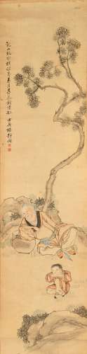 An early 20th century Chinese scroll painting on paper depicting a scholar resting by rocks