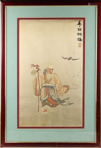 A Chinese embroidered silk panel depicting Shoulao with bat among clouds, Republic period, with