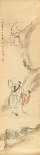 An early 20th century Chinese scroll painting on paper depicting a scholar & boy standing by