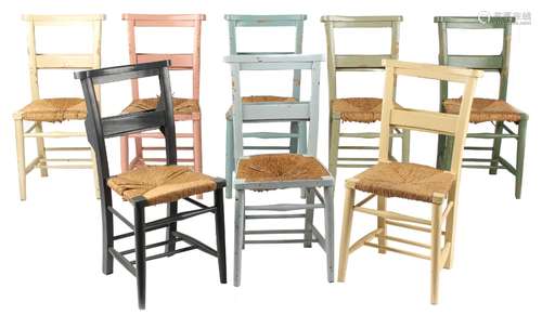 Property of a gentleman - a set of eight variously painted school type chairs, with pocket backs &