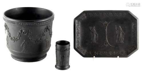 Property of a gentleman - a Wedgwood black basalt planter, 7ins. (17.8cms.) high; together with a