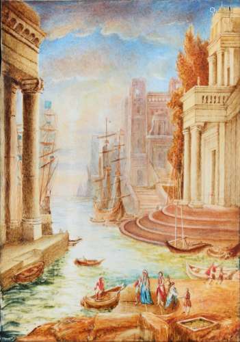 Property of a lady - a late 19th century painting on ivory depicting a classical harbour scene in