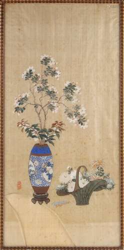 A Chinese painting on silk depicting a vase & a basket of flowers, early 20th century Republic