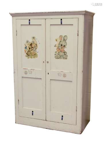 Property of a lady - a Victorian cream painted panelled two-door cupboard, 44ins. (112cms.) wide (
