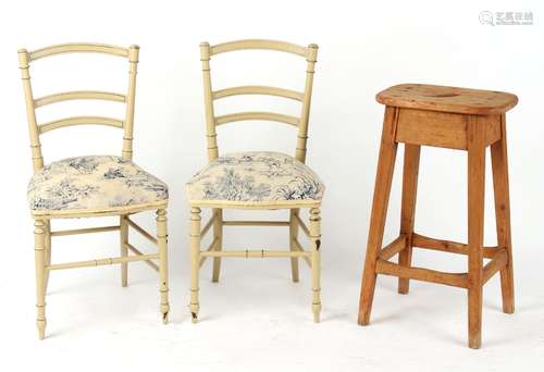 Property of a gentleman - a pair of painted bedroom chairs with pictorial printed upholstery;