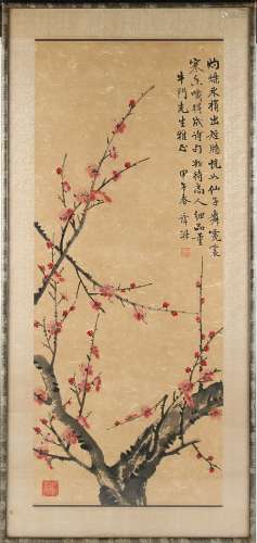 A mid 20th century Chinese painting on paper depicting prunus, with calligraphy & two red seals, the