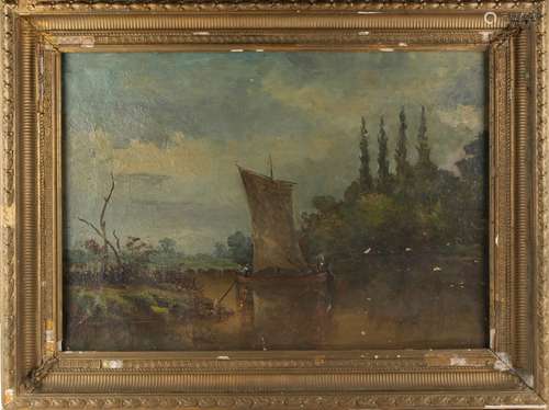 Property of a gentleman - Wilson (English, 19th century) - FIGURES ON A BOAT IN RIVER LANDSCAPE -