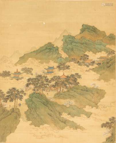 A Chinese scroll painting on silk depicting figures in a mountainous landscape, late 19th century,
